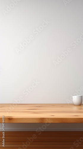 Abstract background with a dark white wall and wooden table top for product presentation, wood floor, minimal concept, low key studio shot, high resolution photography 