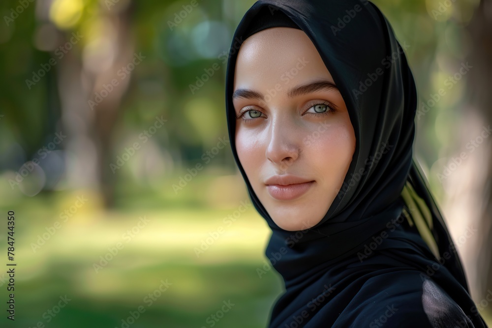 Portrait of young arabian girl in hijab in the park. Muslim woman Portrait of young arabian girl in hijab in the park. Muslim woman