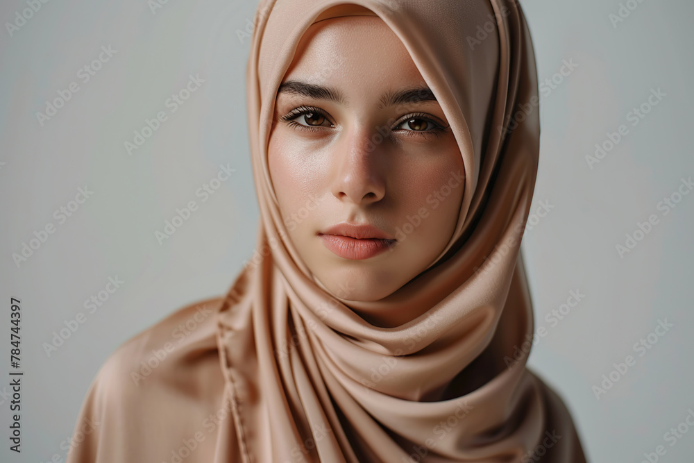 Portrait of young arabian girl in hijab on grey background. Muslim woman Portrait of young arabian girl in hijab on grey background. Muslim woman