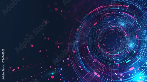 Abstract futuristic digital technology background with a circular pattern and colorful data points.