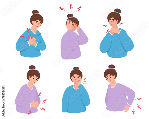 Young woman suffering from various pains. Heartache or heart attack, back and stomach ache, sore throat, headache, toothache. Concept vector illustration isolated on white background.
