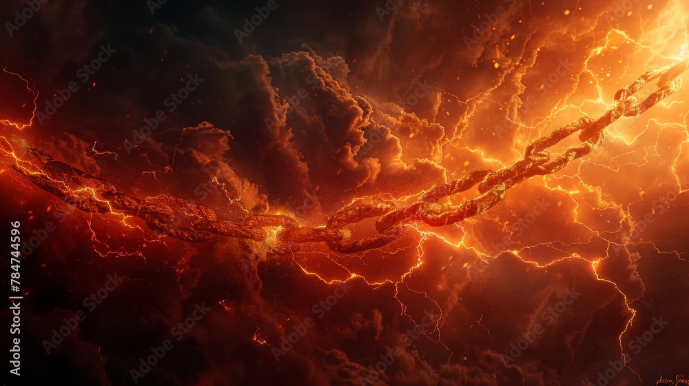 Epic horror movie poster with dramatic chains engulfed in blazing fire and lightning - obrazy, fototapety, plakaty 