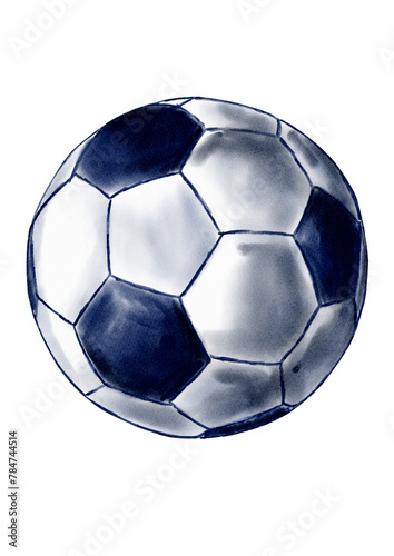 Soccer ball painted in watercolor. Dark blue and white color. Use for cards, posters, stickers and textiles.