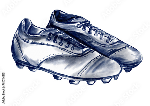 Cleats and studs. Soccer boots. Sport shoes. Cleats and studs. Digital illustration. White and blue colors. Use for cards, posters and magazines.