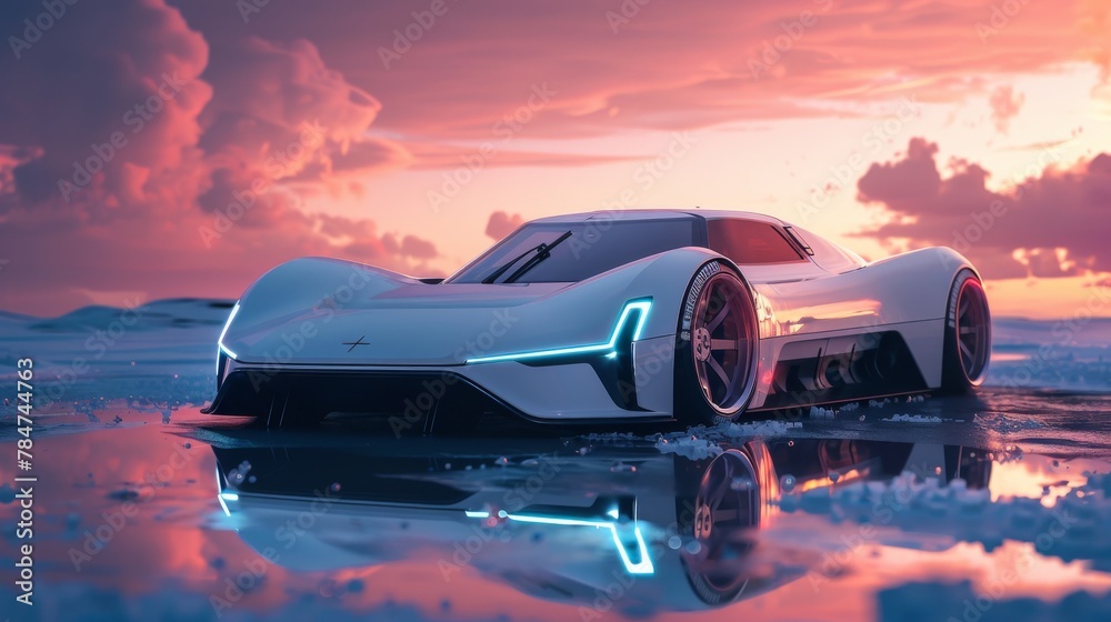 Futuristic sports car with neon lights reflecting on water at sunset