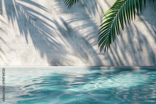 Tropical summer background with concrete wall  pool water and palm leaf shadow. Luxury hotel resort exterior for product placement. Outdoor vacation holiday house scene - generative ai