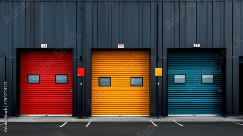 Vibrant Trio of Warehouse Storage Units. Concept Industrial Design, Modern Architecture, Urban Renewal, Storage Solutions