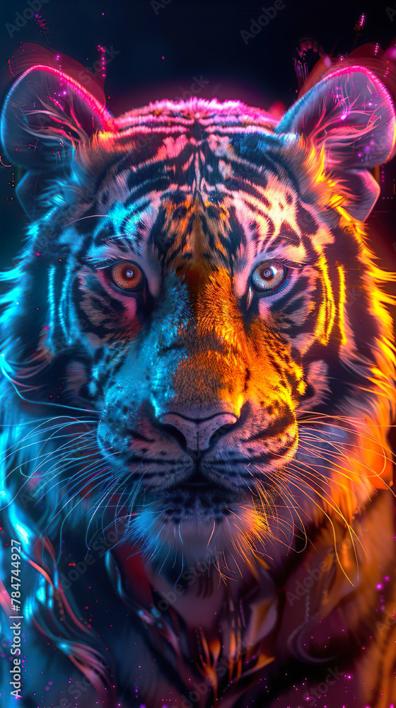 portrait tiger head lighted in rainbow colors facing the camera modern