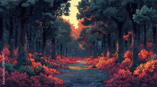 Sunset in a lush forest with vibrant orange sky and full moon visible.
