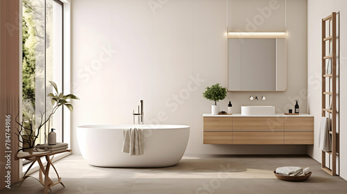 modern Scandinavian bathroom featuring a freestanding bathtub with clean lines