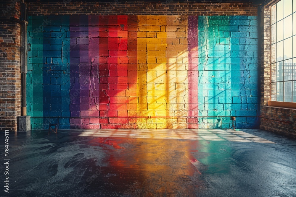 Vibrant Brick Wall with Shimmering Rainbow Hues Generative AI