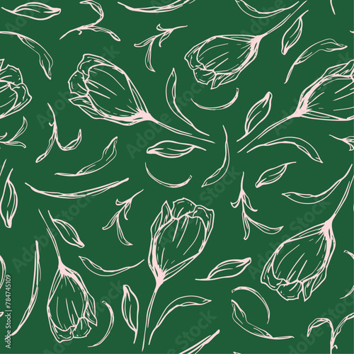 Hand drawn tulips with leaves seamless repeat pattern. Random placed, vector botany aop, all over surface print on green background.