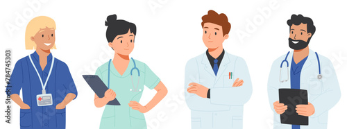 Set of smiling doctors, nurses and paramedics. Portraits of male and female medic workers in uniform with stethoscope.