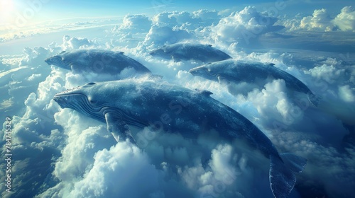 Surreal scene of blue whales soaring above clouds in a dreamlike skyscape photo