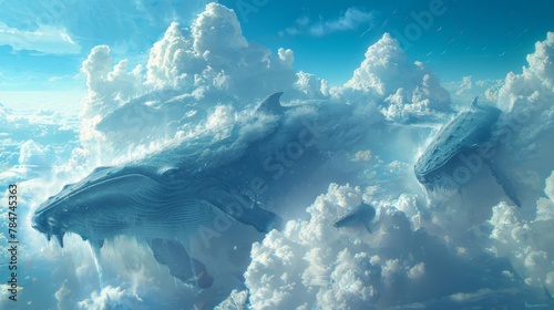 Surreal scene of blue whales soaring above clouds in a dreamlike skyscape photo