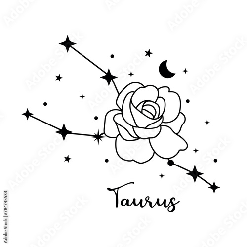 Taurus zodiac sign with moon, flower and stars. Celestial constellation 
