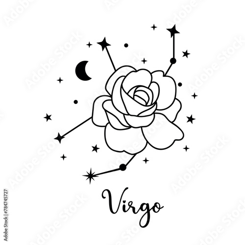 Virgo zodiac sign with moon, flower and stars. Celestial constellation 