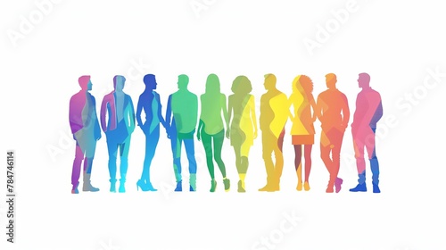 modern flat illustration of people silhuettes in different LGBTQ colors standing together in unity, white background