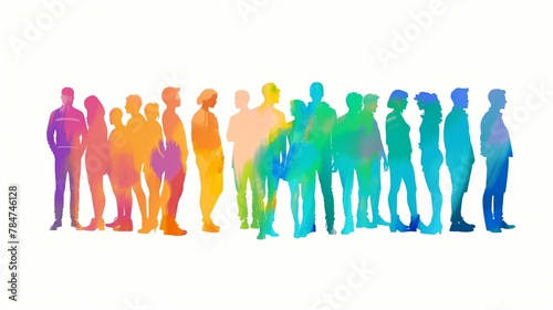 modern flat illustration of people silhuettes in different LGBTQ colors standing together in unity, white background