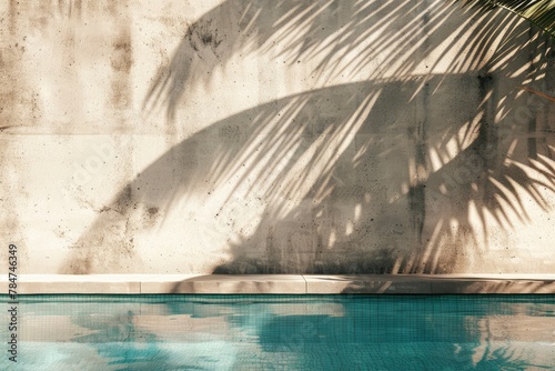 Tropical summer background with concrete wall  pool water and palm leaf shadow. Luxury hotel resort exterior for product placement. Outdoor vacation holiday house scene - generative ai