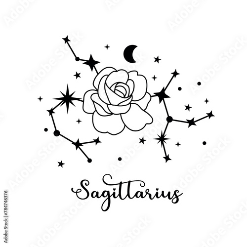 Sagittarius zodiac sign with moon, flower and stars. Celestial constellation 