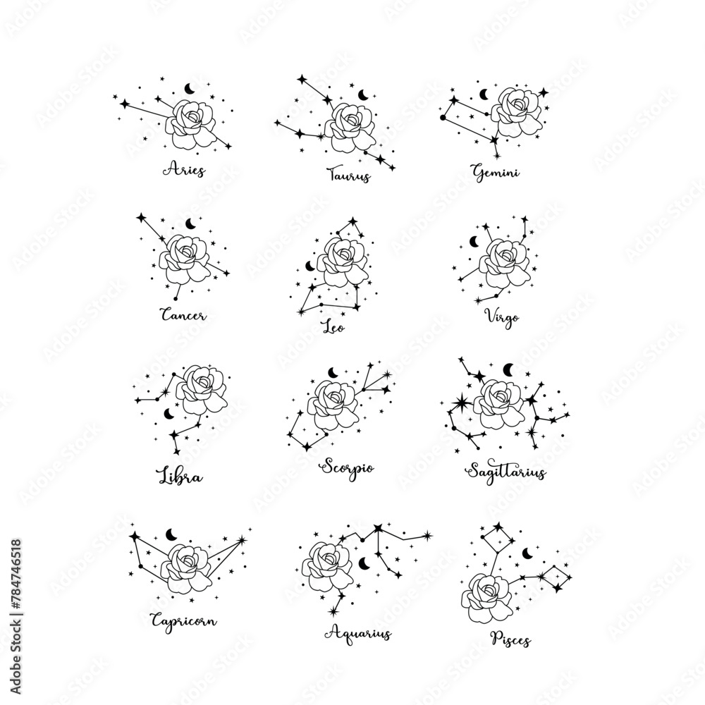 custom made wallpaper toronto digital12 zodiac signs with moon, flower and stars. Celestial constellations