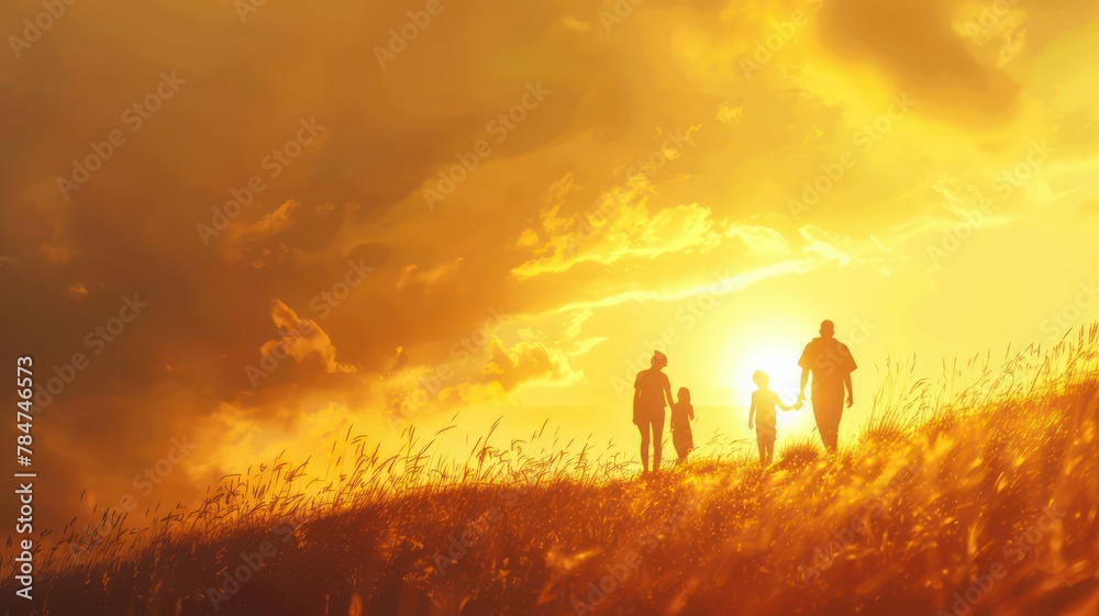 Family walking onto a hill at sunset created with Generative AI