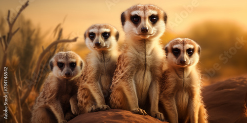 A family of meerkats standing sentinel, their unity and cooperation evident as they protect each other in the vast African savannah. © Kaneez