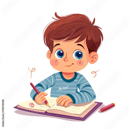 Cute little boy doing homework. Vector illustration in cartoon style.