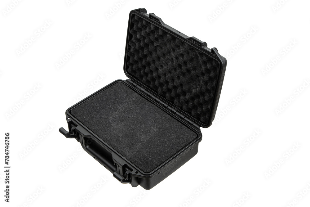 Black plastic container with foam inside for safe storage and transportation of fragile and expensive items. Sturdy plastic case. Isolate on a white back. Black plastic container with foam inside for safe storage and transportation of fragile and expensive items. Sturdy plastic case. Isolate on a white back.
