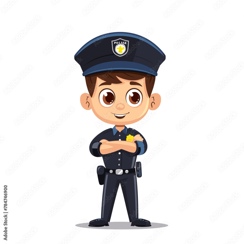 Cute little boy in police uniform. Cartoon vector illustration isolated on white background.