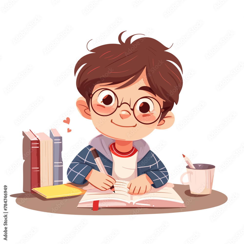 Cute little boy in eyeglasses doing homework. Vector illustration Cute little boy in eyeglasses doing homework. Vector illustration