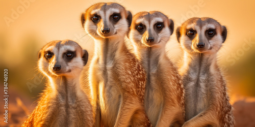 A family of meerkats standing sentinel, their unity and cooperation evident as they protect each other in the vast African savannah.  © Kaneez