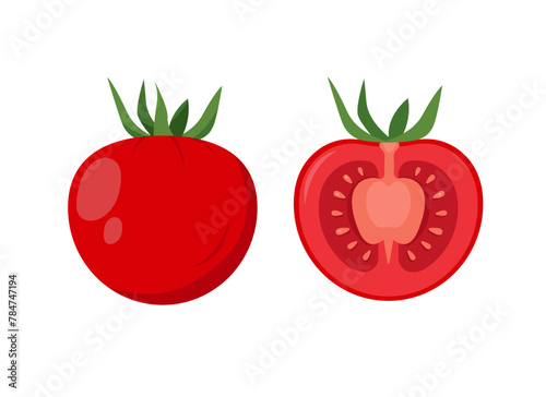 Red fresh tomato vegetable. Whole and half of tomato plant icon. Organic vegetables vegetarian food. Vector illustration isolated on white background.