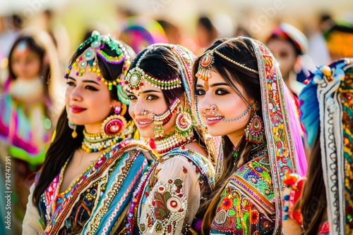 Portrait of joyful Indian women in colorful traditional attire and jewelry, celebrating a cultural festival together.