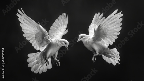Graceful white doves in flight against a black background, a symbol of peace and purity photo