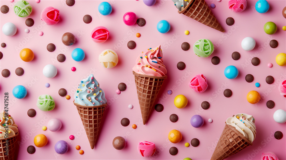 Flat lay ice cream cone and other sweets background.