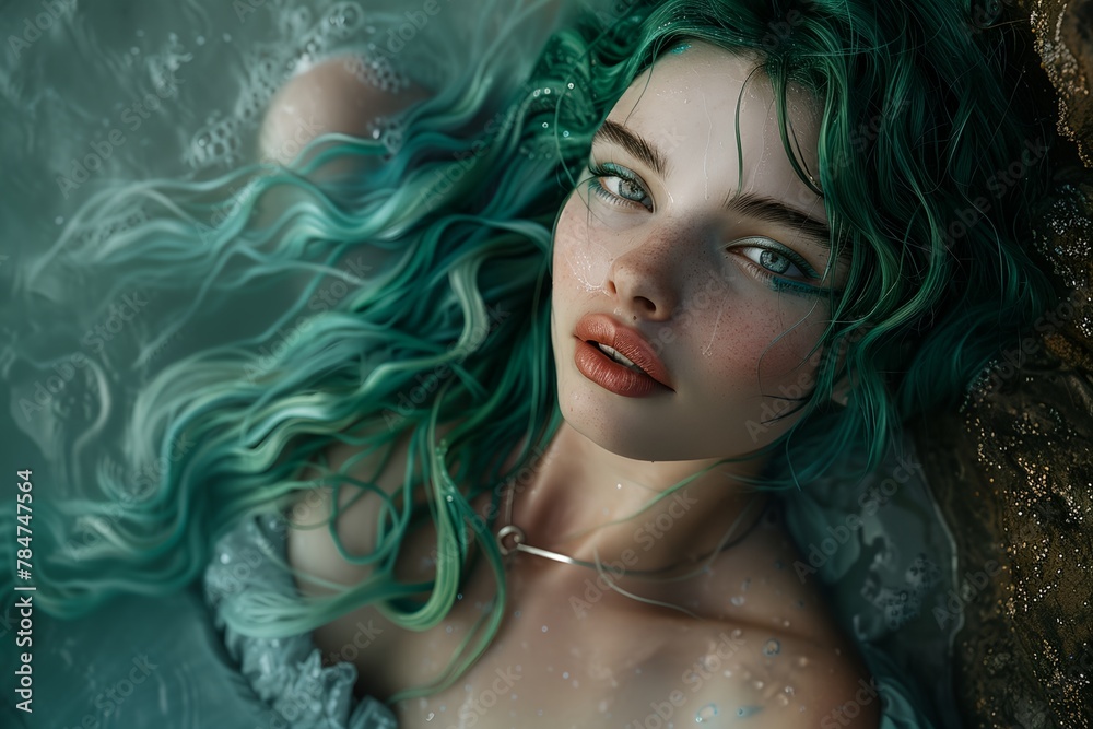Woman with green hair and mermaid makeup is laying on the shore. She is wearing a necklace and earrings