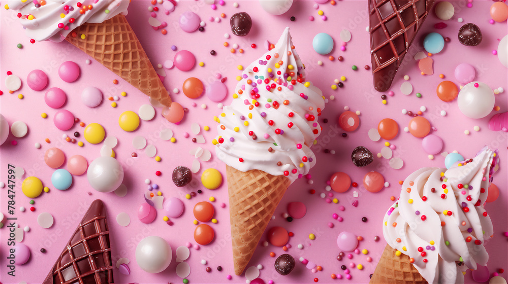 Flat lay ice cream cone and other sweets background.