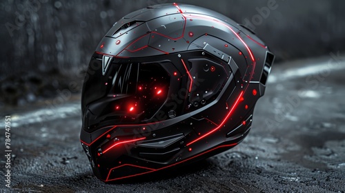 Futuristic black motorcycle helmet with red LED lights on a wet urban surface