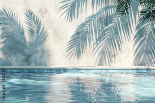 Tropical summer background with concrete wall, pool water and palm leaf shadow. Luxury hotel resort exterior for product placement. Outdoor vacation holiday house scene - generative ai