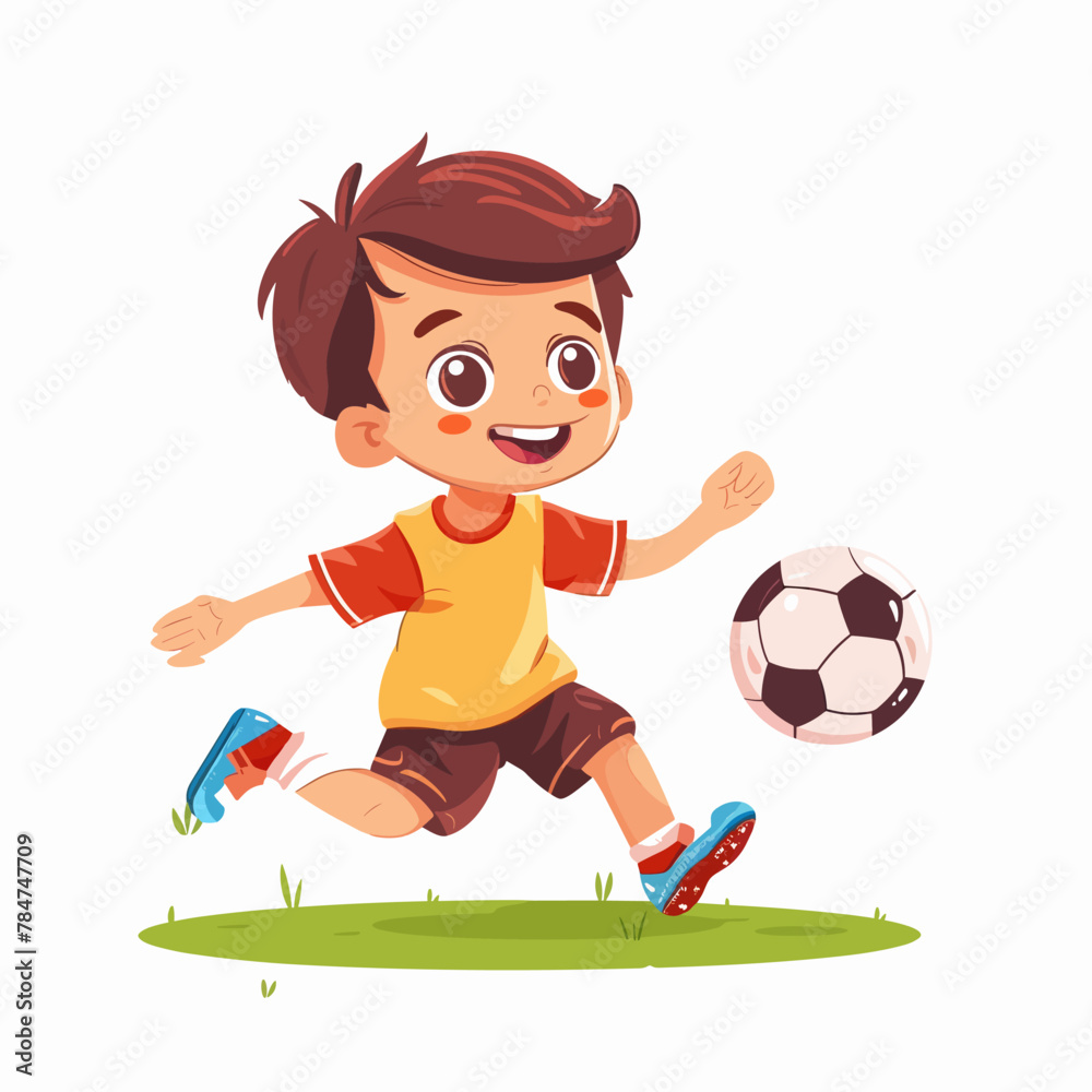 Obraz premium Cute little boy playing soccer, cartoon vector illustration isolated on white background.