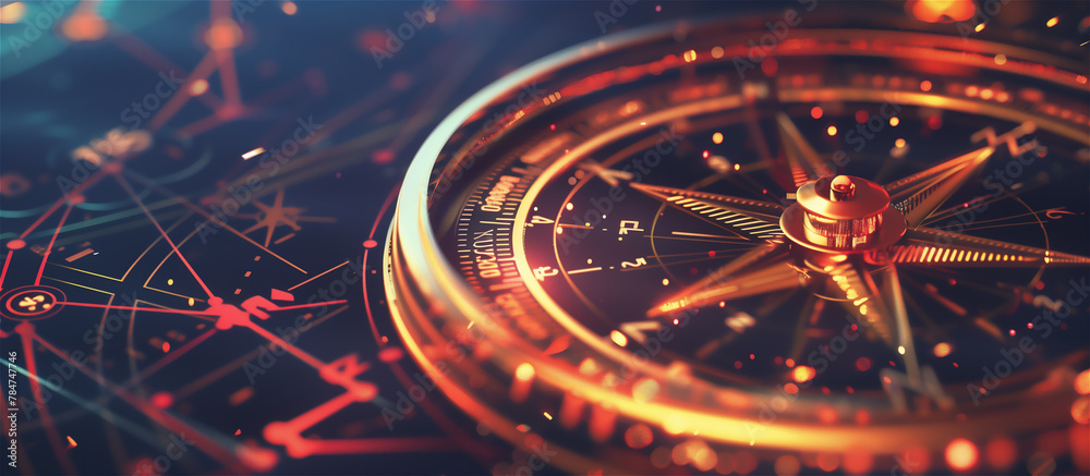 A close-up of a digital compass that marks: strategy for businesses, path on the future, creative strategy, market decision, financial stock, company or life vision.