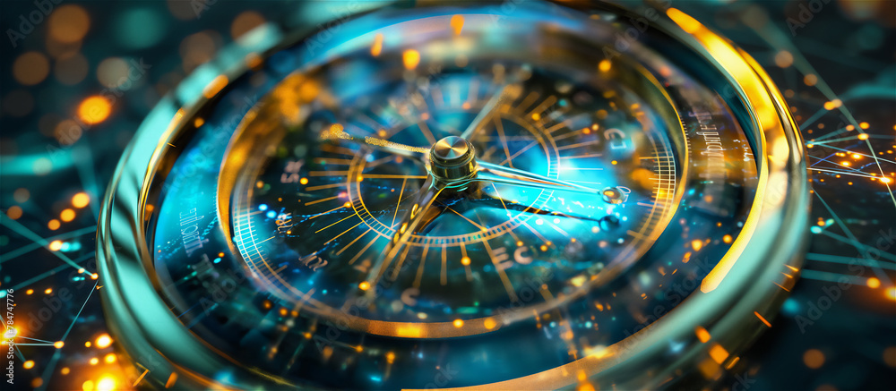 A close-up of a digital compass that marks: strategy for businesses, path on the future, creative strategy, market decision, financial stock, company or life vision.