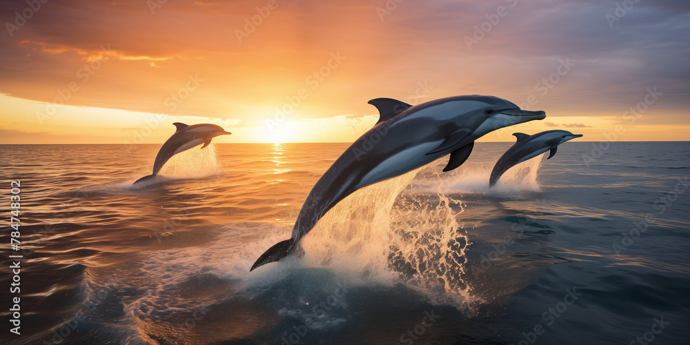 A group of dolphins leaping joyfully in unison, their synchronized jumps creating a mesmerizing display of aquatic grace. 