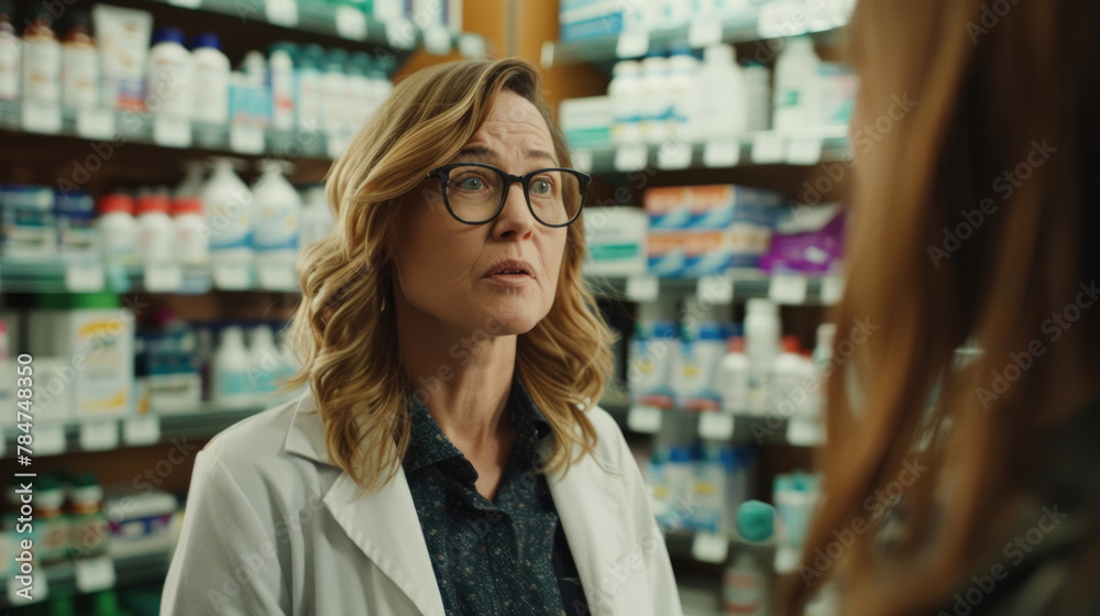 A woman is engaged in conversation with another woman inside a pharmacy shop. They are standing close to each other, talking and gesturing