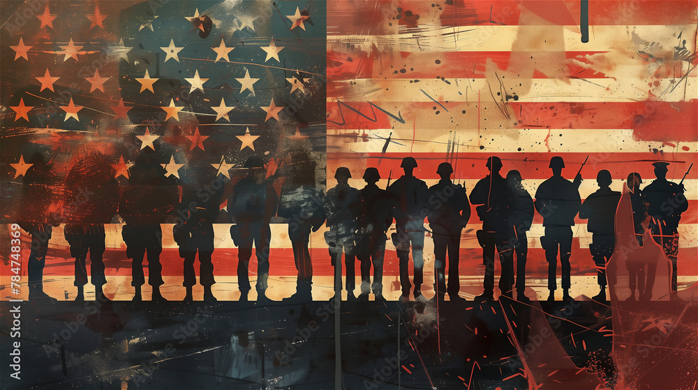 Illustration for use on Veterans Day, Memorial Day or other international holiday in the USA. An illustration showing silhouettes of soldiers against the background of the American flag.