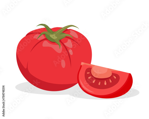 Fresh whole Tomato and piece of tomato. Farm tomatoes plant icon. Organic vegetables vegetarian food. Vector illustration isolated on white background. © Елена Истомина