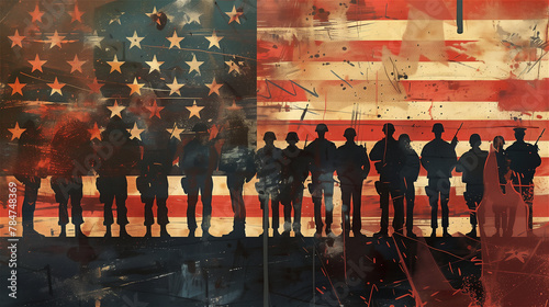 Obraz na płótnie Illustration for use on Veterans Day, Memorial Day or other international holiday in the USA. An illustration showing silhouettes of soldiers against the background of the American flag. w salonie