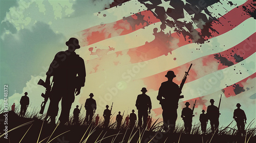 Illustration for use on Veterans Day, Memorial Day or other international holiday in the USA. An illustration showing silhouettes of soldiers against the background of the American flag.